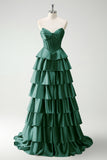 Verde Sweetheart Principessa Satin Tiered Corsetto Lungo Abito da cerimonia con fessura