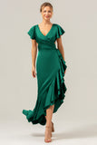 Olive A Line V Neck Satin Abito da damigella d'onore asimmetrico con fessura a balze