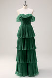 Eucalipto A linea Off the Spalla Tiered Pleted Abito da damigella d'onore lungo con fessura