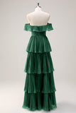 Eucalipto A linea Off the Spalla Tiered Pleted Abito da damigella d'onore lungo con fessura