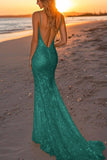 Scintillante argento backless sirena abito lungo formale