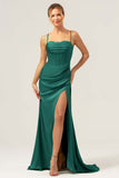 Sage Mermaid Spaghetti Straps Corsetto Abito da damigella d'onore in raso con fessura