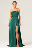 Borgogna A Line Spaghetti Straps Backless Satin Abito da damigella d'onore lungo con fessura