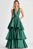 Fucsia A-Line V Neck Ruffles Abito lungo da cerimonia