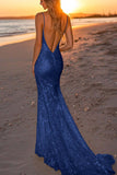 Scintillante argento backless sirena abito lungo formale