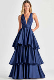 Fucsia A-Line V Neck Ruffles Abito lungo da cerimonia
