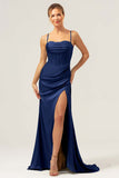 Sage Mermaid Spaghetti Straps Corsetto Abito da damigella d'onore in raso con fessura