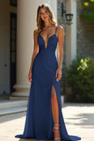 Guaina Champagne Stretch Raso Spaghetti Straps Abito lungo da ballo