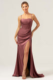 Sage Mermaid Spaghetti Straps Corsetto Abito da damigella d'onore in raso con fessura
