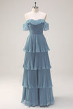 Eucalipto A linea Off the Spalla Tiered Pleted Abito da damigella d'onore lungo con fessura