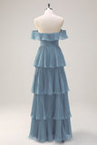 Eucalipto A linea Off the Spalla Tiered Pleted Abito da damigella d'onore lungo con fessura
