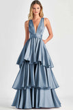 Fucsia A-Line V Neck Ruffles Abito lungo da cerimonia
