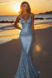 Scintillante argento backless sirena abito lungo formale