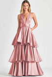 Fucsia A-Line V Neck Ruffles Abito lungo da cerimonia