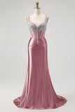 Vestito da ballo lungo con spalline a spalline in corsetto con blush e strass