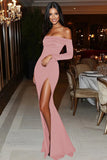 Borgogna Off-the-Shoulder Satin Stub Abito Gala con Spacco