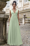 Verde scuro A Line Scollo a V Chiffon abito lungo da damigella d'onore con pizzo sulla schiena