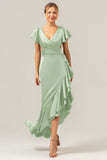 Olive A Line V Neck Satin Abito da damigella d'onore asimmetrico con fessura a balze