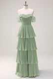 Eucalipto A linea Off the Spalla Tiered Pleted Abito da damigella d'onore lungo con fessura
