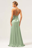 Borgogna A Line Spaghetti Straps Backless Satin Abito da damigella d'onore lungo con fessura