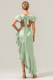 Olive A Line V Neck Satin Abito da damigella d'onore asimmetrico con fessura a balze
