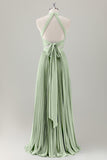 Grigio Blu A-Line Halter Abito da damigella d'onore lungo con fessura