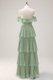 Eucalipto A linea Off the Spalla Tiered Pleted Abito da damigella d'onore lungo con fessura
