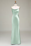 Dusty Blue guaina Spaghetti Straps Backless Satin Abito da damigella d'onore lungo