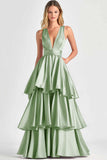 Fucsia A-Line V Neck Ruffles Abito lungo da cerimonia