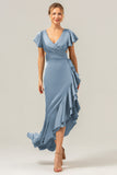 Olive A Line V Neck Satin Abito da damigella d'onore asimmetrico con fessura a balze
