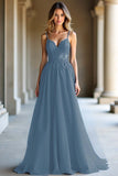 Una linea blu scuro Spaghetti Straps Sweetheart lungo Abito da Cerimonia