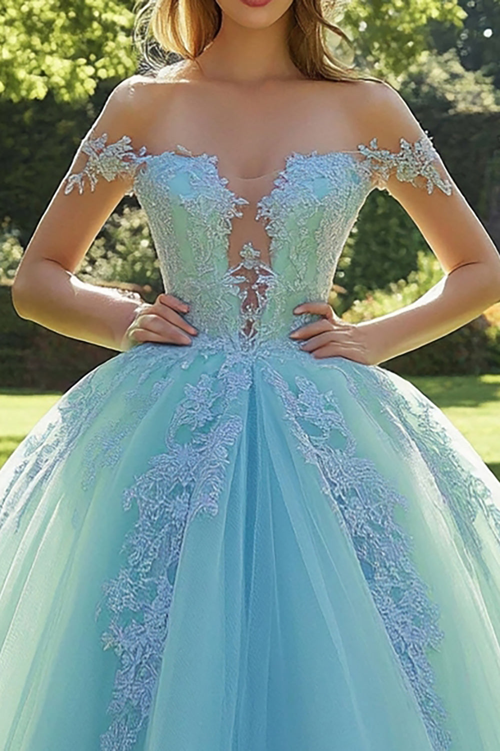 Off the Shoulder Mint Appliqued Ball Gown Tulle Quinceanera Dress