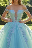 Off the Shoulder Mint Appliqued Ball Gown Tulle Quinceanera Dress