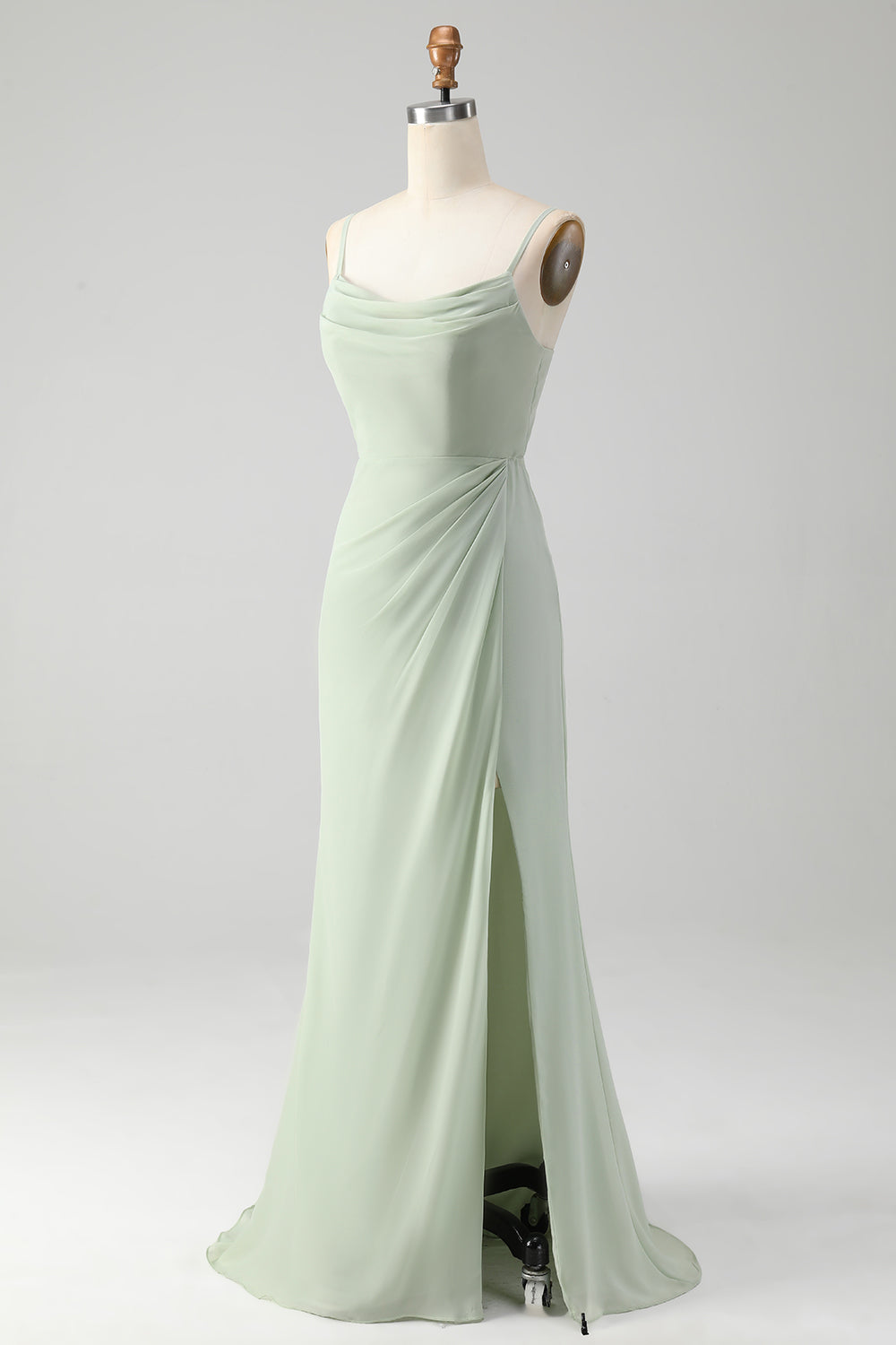 Matcha Spalline Sottili Chiffon Abito Lungo Da Damigella D'onore Con Pizzo Sulla Schiena con Spacco