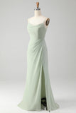 Matcha Spalline Sottili Chiffon Abito Lungo Da Damigella D'onore Con Pizzo Sulla Schiena con Spacco
