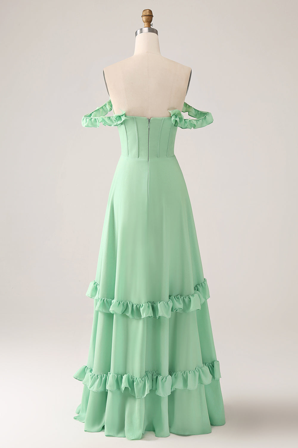 Verde A Line Fuori dalla spalla Corsetto Abito da damigella d'onore con volant