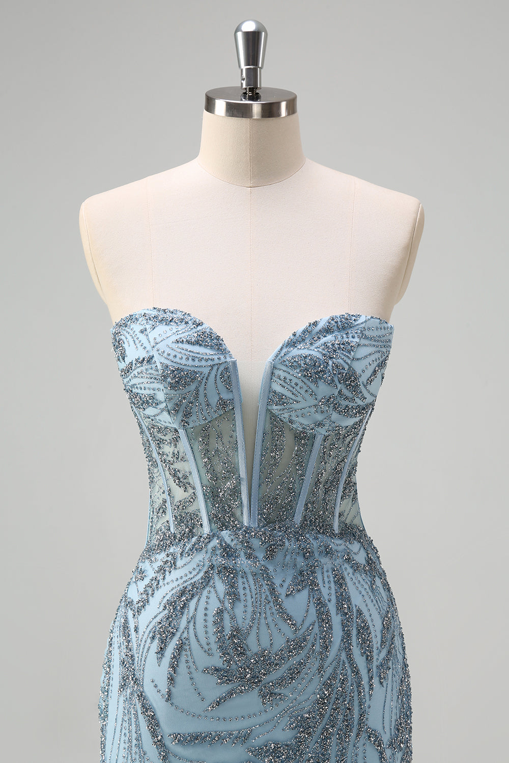 Scintillante luce blu sirena corsetto senza spalline lungo Abito da cerimonia con fessura