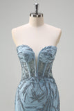 Scintillante luce blu sirena corsetto senza spalline lungo Abito da cerimonia con fessura