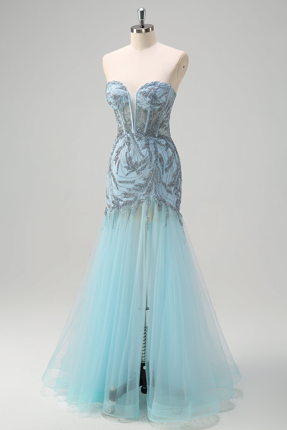 Scintillante luce blu sirena corsetto senza spalline lungo Abito da cerimonia con fessura