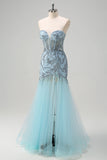 Scintillante luce blu sirena corsetto senza spalline lungo Abito da cerimonia con fessura