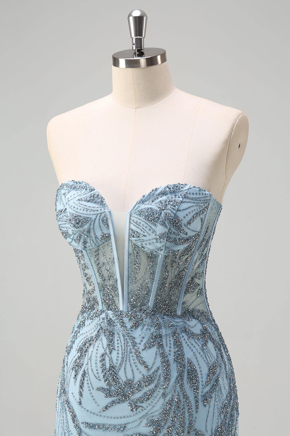 Scintillante luce blu sirena corsetto senza spalline lungo Abito da cerimonia con fessura