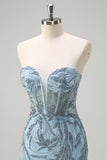 Scintillante luce blu sirena corsetto senza spalline lungo Abito da cerimonia con fessura