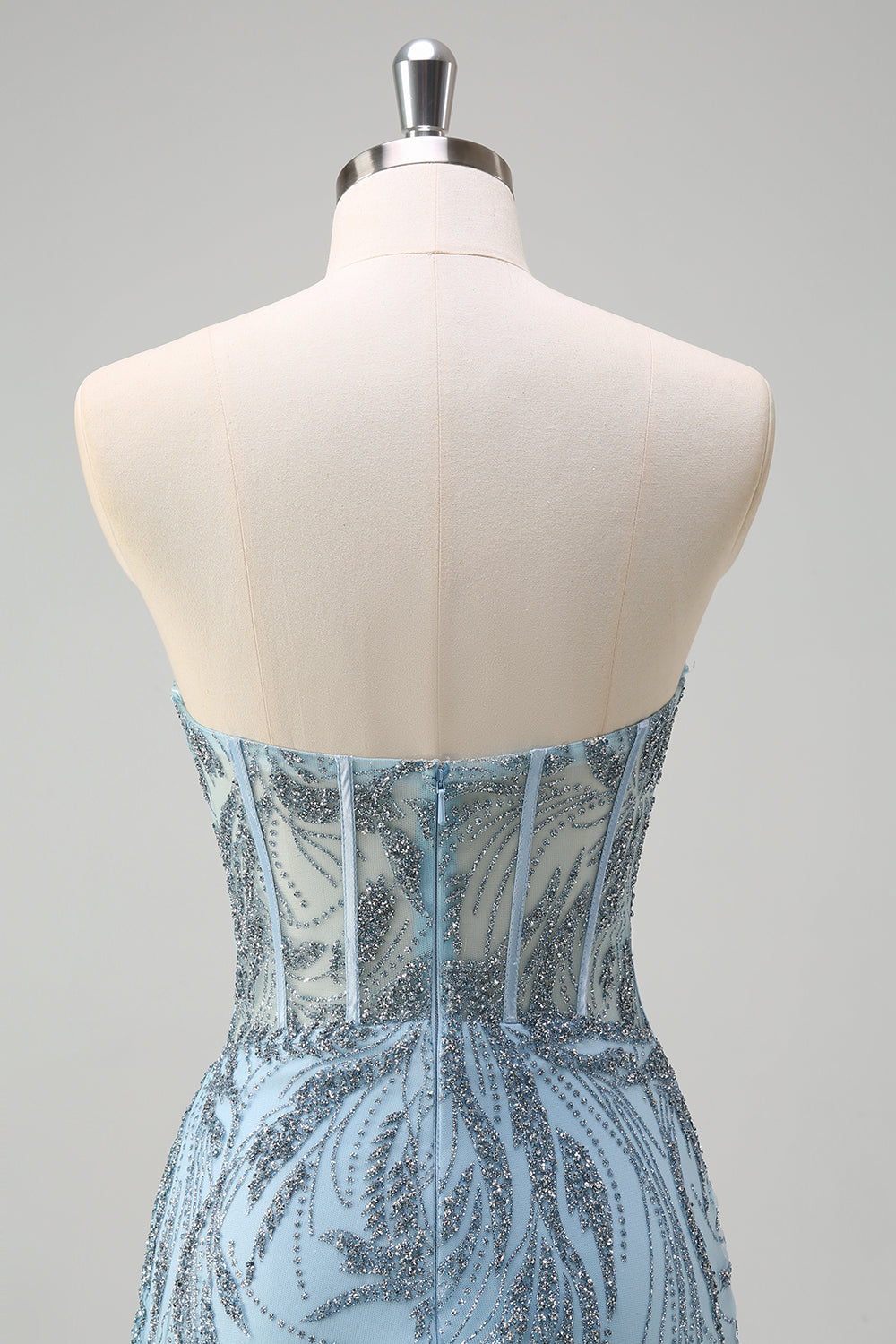 Scintillante luce blu sirena corsetto senza spalline lungo Abito da cerimonia con fessura