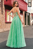 Una linea scintillante verde chiaro Spaghetti Straps corsetto Tulle Abito da cerimonia con fessura