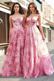 Floreale A Line corsetto senza spalline Tiered Blush Abito da cerimonia con fessura