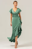 Olive A Line V Neck Satin Abito da damigella d'onore asimmetrico con fessura a balze