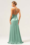 Borgogna A Line Spaghetti Straps Backless Satin Abito da damigella d'onore lungo con fessura