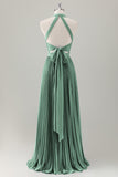 Grigio Blu A-Line Halter Abito da damigella d'onore lungo con fessura