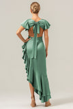 Olive A Line V Neck Satin Abito da damigella d'onore asimmetrico con fessura a balze