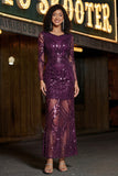 Abito da cerimonia qa maniche lunghe con scollo a V viola con paillettes
